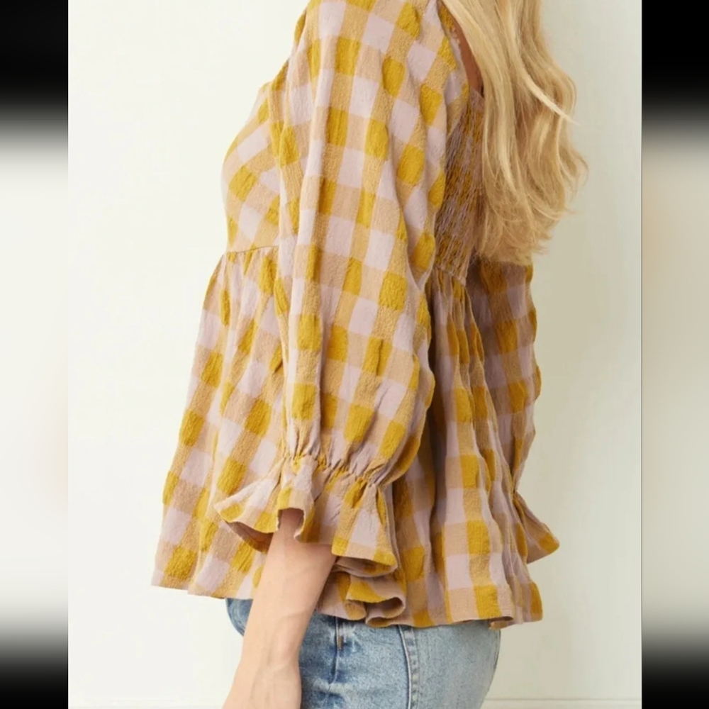 Entro Top Women's Plaid Puff Sleeve Square Neck Flowy Boho Size Small NWT